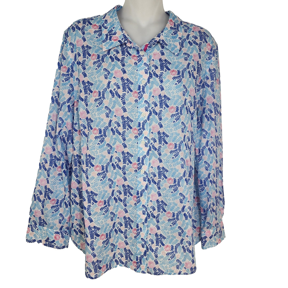 Talbots Petite Shirt XLP Button Front Classic Cotton Blue Pink Floral Ferns